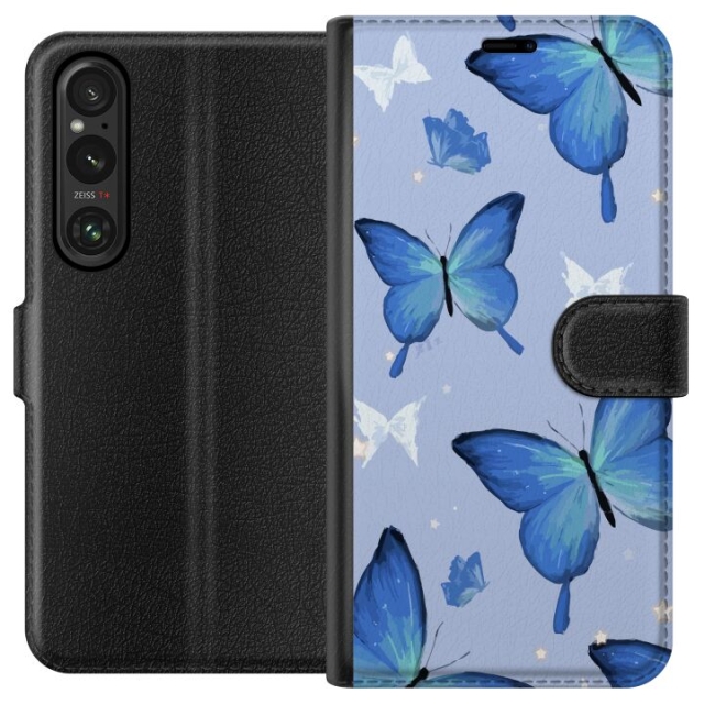Wallet case for Sony Xperia 1 V with Blue butterflies design