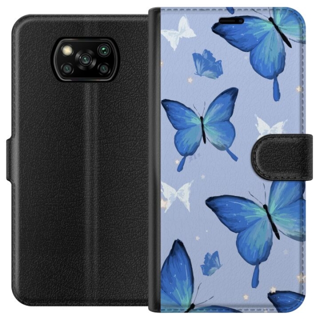 Wallet case for Xiaomi Poco X3 NFC with Blue butterflies design
