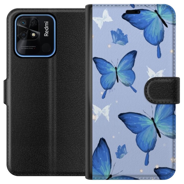 Wallet case for Xiaomi Redmi 10C with Blue butterflies design