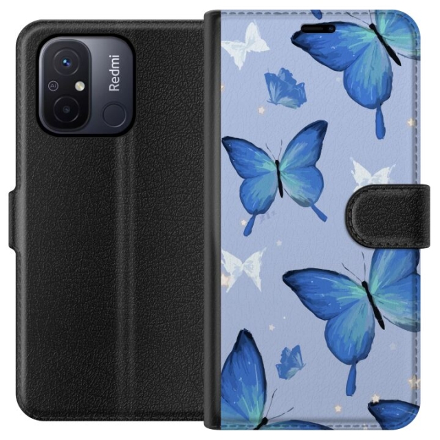 Wallet case for Xiaomi Redmi 12C with Blue butterflies design