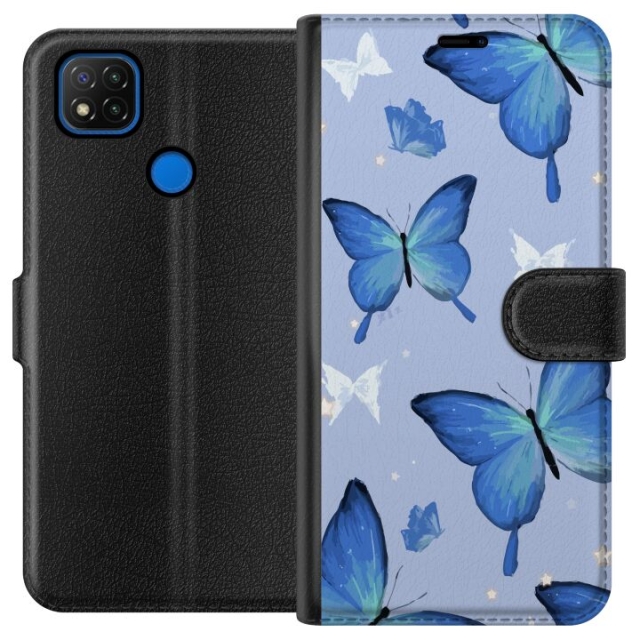 Wallet case for Xiaomi Redmi 9C with Blue butterflies design