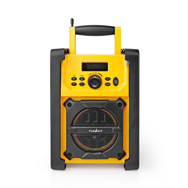 Nedis FM Radio | Jobsite Radio | FM | Battery Powered / Mains Powered | Digital | 15 W | Screen size: 2.2 " | Blue White Screen | IPX5 | Carrying handle | Black / Yellow