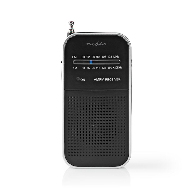 Nedis FM Radio | Portable Design | AM / FM | Battery Powered | Analogue | 1.5 W | Black White Screen | Headphone output | IP20 | Aluminium / Black