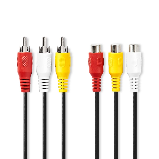 Nedis Composite Video Cable | 3x RCA Male | 3x RCA Female | Nickel Plated | 480p | 5.00 m | Round | PVC | Black | Envelope