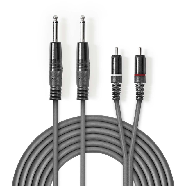 Nedis Stereo Audio Cable | 2x 6.35 mm Male | 2x RCA Male | Nickel Plated | 3.00 m | Round | Dark Grey | Carton Sleeve