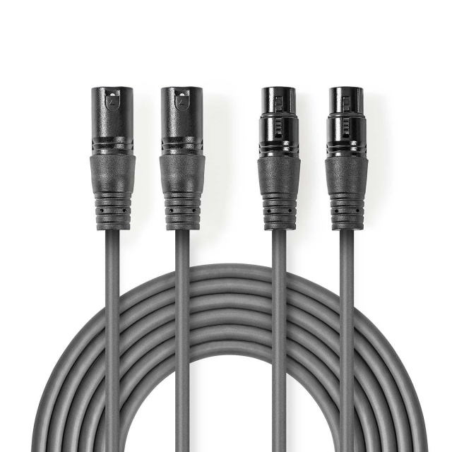 Nedis Balanced Audio Cable | 2x XLR 3-Pin Male | 2x XLR 3-Pin Female | Nickel Plated | 3.00 m | Round | PVC | Dark Grey | Carton Sleeve