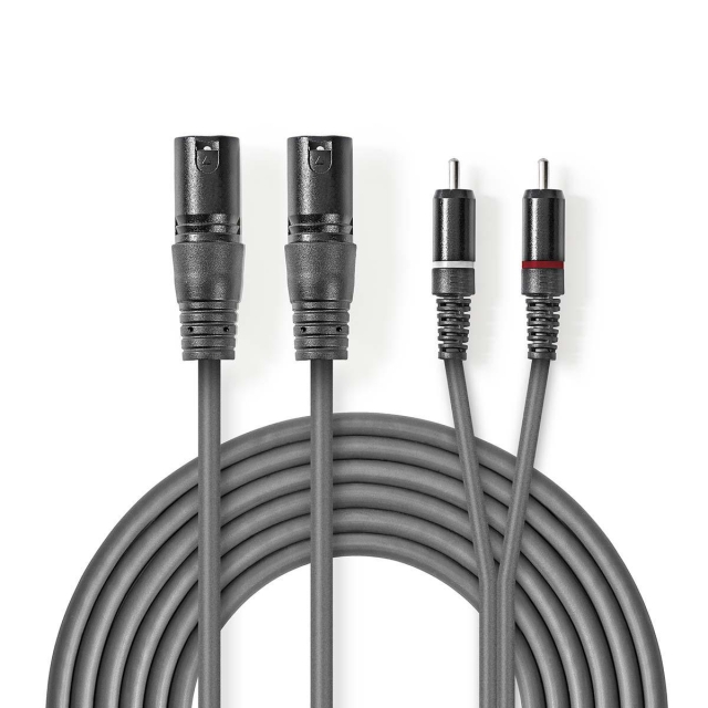 Nedis Balanced Audio Cable | 2x XLR 3-Pin Male | 2x RCA Male | Nickel Plated | 3.00 m | Round | PVC | Dark Grey | Carton Sleeve