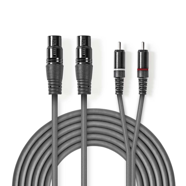 Nedis Balanced Audio Cable | 2x XLR 3-Pin Female | 2x RCA Male | Nickel Plated | 3.00 m | Round | PVC | Dark Grey | Carton Sleeve