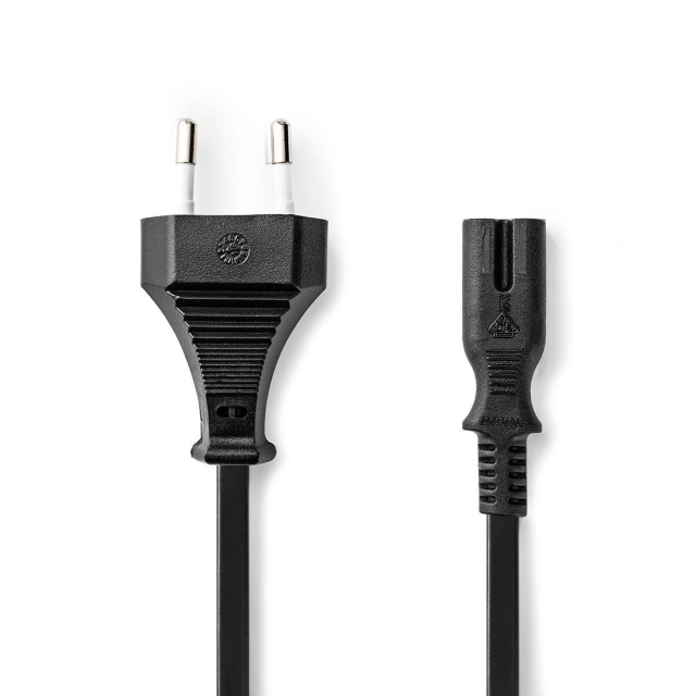 Power Cable | Euro Male | IEC-320-C7 | Straight | Straight | Nickel Plated | 2.00 m | Flat | PVC | Black | Tag