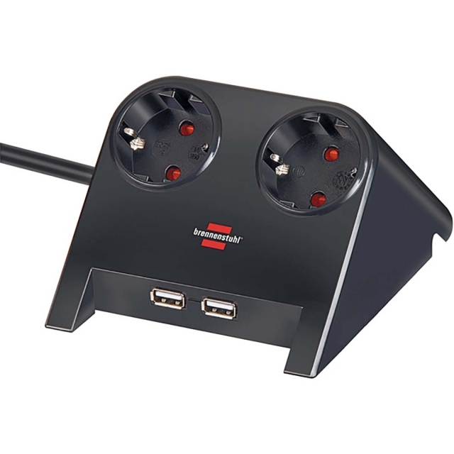 brennenstuhl Desktop power 2-way socket strip for the table with rubber feet and 2-way USB 1.80 m Polished black