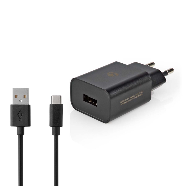Nedis Wall Charger | Quick charge feature | 1x 2.4 A | Number of outputs: 1 | USB-A | USB Type-C™ (Loose) Cable | 1.00 m | Single Voltage Output | Black