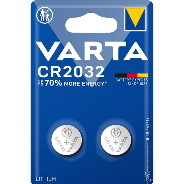 Varta Lithium Button Cell Battery CR2032 | 3 V DC | 230 mAh | 2-Blister | Silver