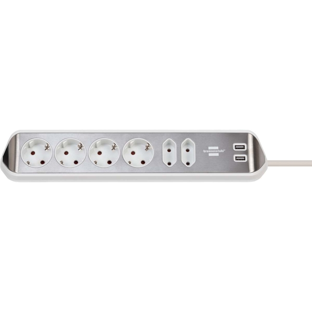 brennenstuhl Estilo 6-way corner socket strip with high-quality stainless steel surface for kitchen and office (desk socket with 4x protective contact sockets, 2x Euro sockets, incl. USB charging function) silver / white