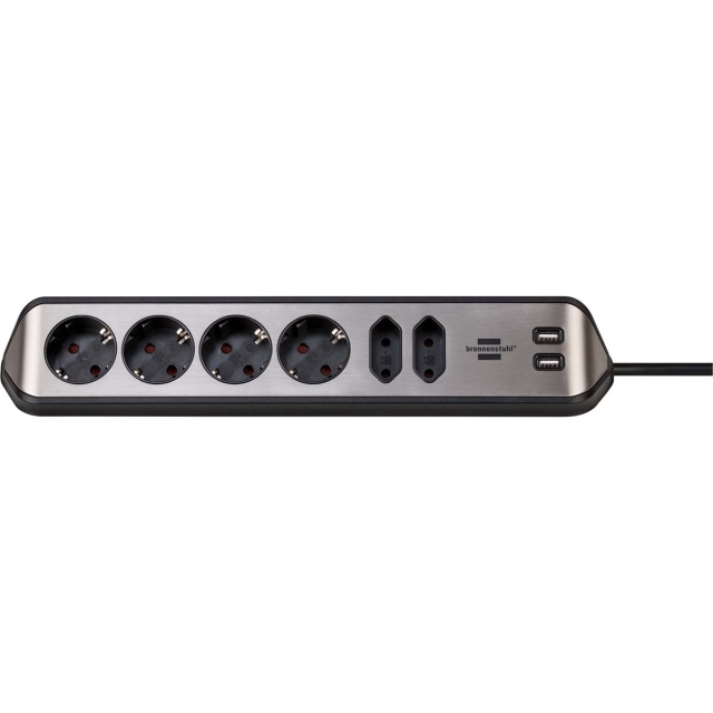 brennenstuhl Estilo 6-way corner socket strip with high-quality stainless steel surface for kitchen and office (desk socket with 4x protective contact sockets, 2x Euro sockets, incl. USB charging function)