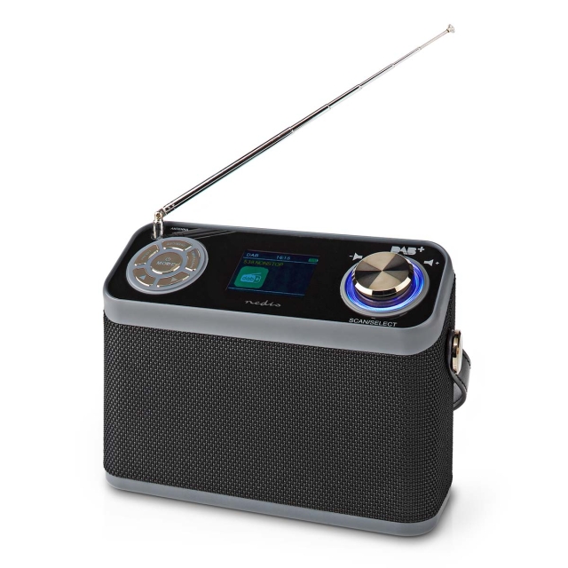Nedis DAB+ Radio | Table Design | DAB+ / FM | 2.40 " | Colour Screen | Battery Powered / Mains Powered | Digital | 24 W | Bluetooth® | Headphone output | Alarm clock | Sleep timer | IP20 | Handle | Black