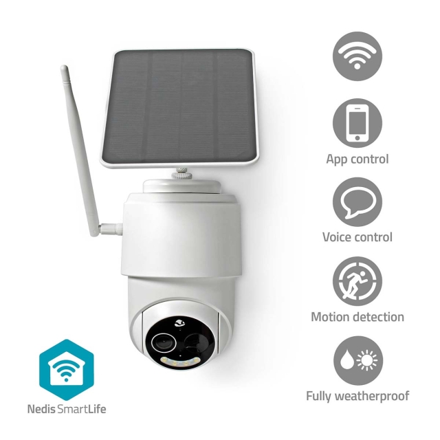 Nedis SmartLife Outdoor Camera | Full HD 1080p | Pan tilt | IP65 | Max. battery life: 5 Months | Cloud Storage (optional) / microSD (not included) | 5 V DC | With motion sensor | Night vision | White