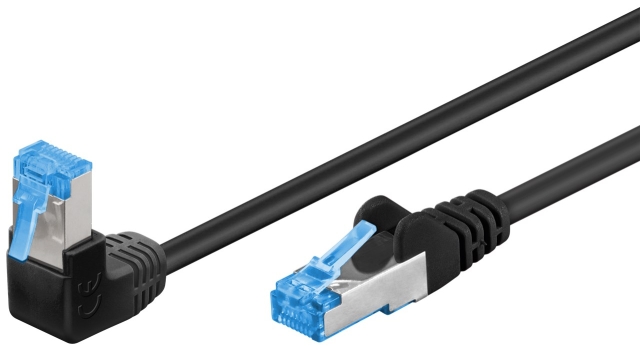 Goobay CAT 6A Patchcable 1x 90° Angled, S/FTP (PiMF), black copper conductor (CU), halogen-free cable sheath (LSZH), latch on top