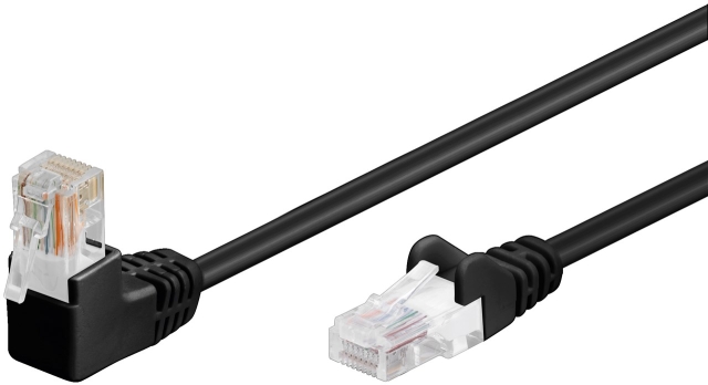 Goobay CAT 5e Patch Cable 1x 90° Angled, U/UTP, black copper-clad aluminium wire (CCA), latch on top