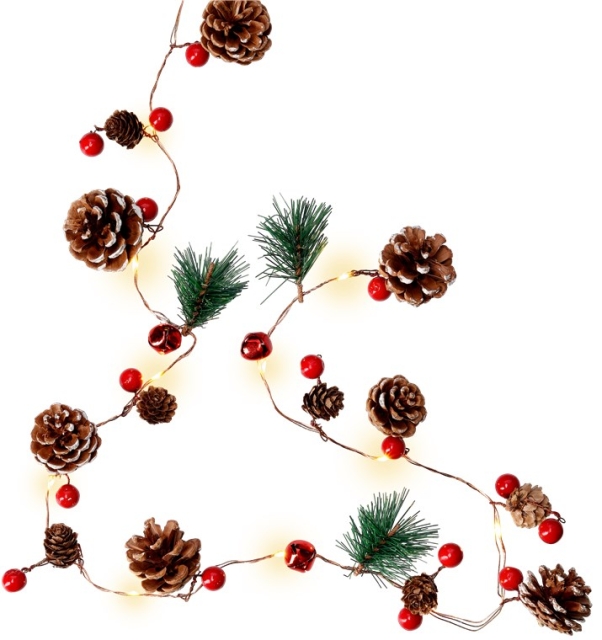 Goobay 20 LED Silver Wire Fairy Lights "Pine Cones & Red Berries" with timer function, warm white (3000 K), battery-operated