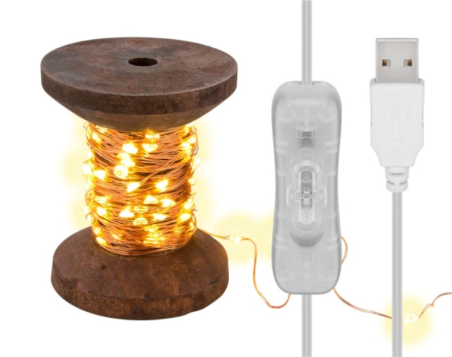 Goobay LED Light Chain "Yarn Bobbin", small with 3 m USB cable, 10 m fairy lights with 100 micro LEDs in warm white (2700 K) and switch (On/Off)