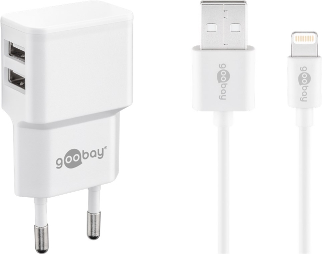Goobay Apple Lightning Dual laddningssats (12 W) Strömförsörjningsenhet med 2x USB-uttag och Apple Lightning-kabel 1 m (vit)