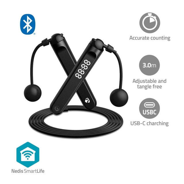 Nedis SmartLife Skipping Rope | Bluetooth® | Dual Hall sensor | LED | Cordless Balls / Drawstring Bag | Black