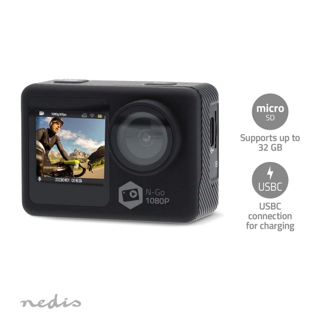 Nedis Action Cam | Dual Screen | 1080p@30fps | 12 MPixel | Waterproof up to: 30.0 m | 70 min | Wi-Fi | App available for: Android™ / IOS | Mounts included | Black
