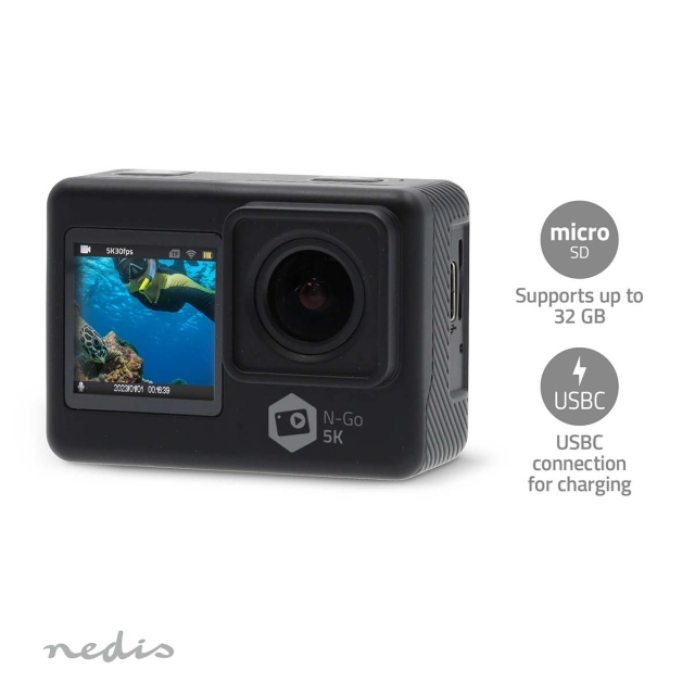 Nedis Action Cam | Dual Screen | 5K@30fps | 16 MPixel | Waterproof up to: 30.0 m | 80 min | Wi-Fi | App available for: Android™ / IOS | Mounts included | Black