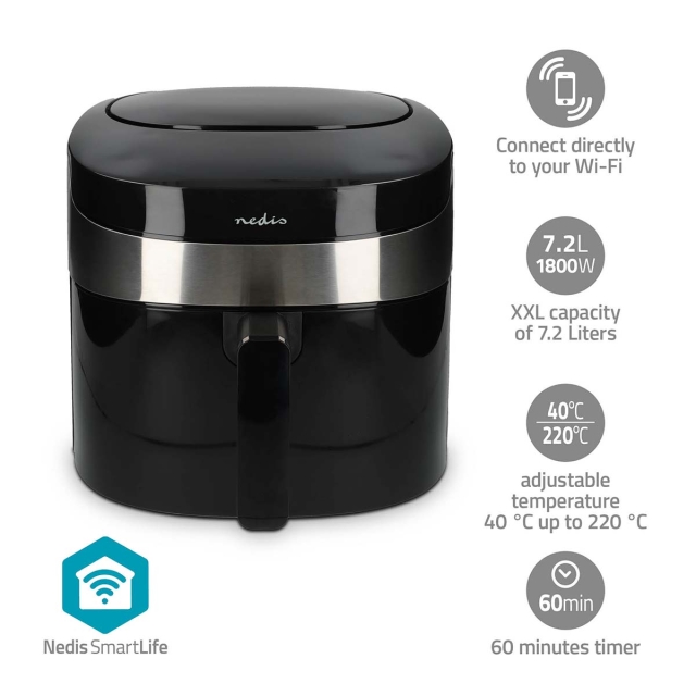 Nedis SmartLife Hot Air Fryer | Wi-Fi | 7,2 l | Timer: 60 min | Number of preset programs: 8 | Digital | Android™ / IOS | Black