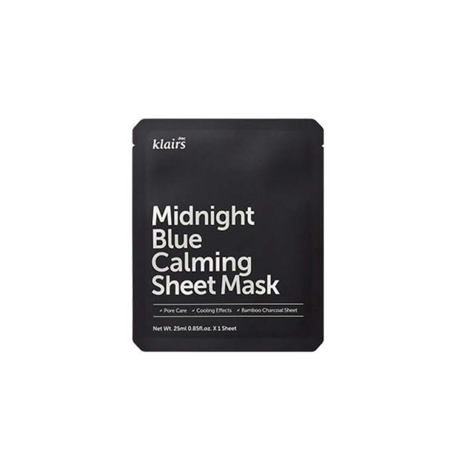 Klairs Midnight Blue Calming Sheet Mask 25mlA sheet mask made of bamboo and charcoal, enriched with an essence that includes willow tree extract (a natural source of BHA), centella asiatica and erythritol, which together purify the skin, reduce and preven