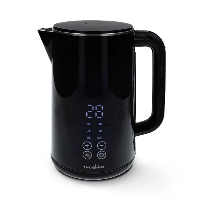 Nedis Electric Kettle | 1.7 l | Plastic | Black | 50,60,70,80,90,100 °C | Temperature indicator | Rotatable 360 degrees | Concealed heating element | Strix® controller | Boil-dry protection