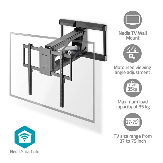 Nedis Motorised TV Wall Mount | 37 - 75 " | Maximum supported screen weight: 35 kg | Rotatable | Minimum wall distance: 153 mm | Maximum wall distance: 485 mm | Remote controlled | ABS / Steel | Black