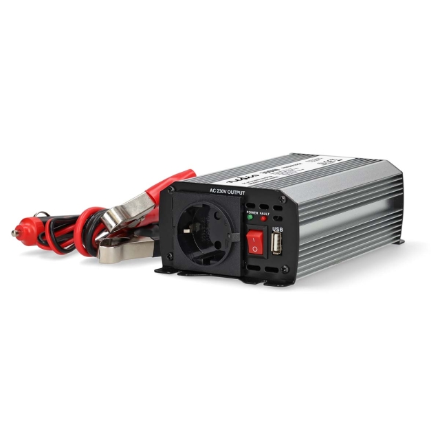 Nedis Power Inverter Modified Sine Wave | Input voltage: 12 V DC | Device power output connection(s): Type F (CEE 7/3) / USB-A | 230 V AC 50 Hz | 300 W | Peak power output: 600 W | Battery Clamps + Cigarette Lighter | Silver