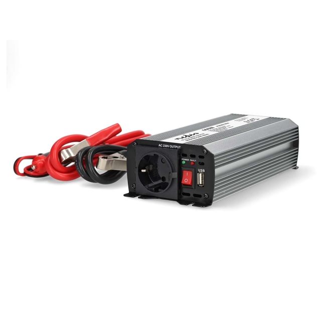 Nedis Power Inverter Modified Sine Wave | Input voltage: 12 V DC | Device power output connection(s): Type F (CEE 7/3) / USB-A | 230 V AC 50 Hz | 600 W | Peak power output: 1200 W | Battery Clamps + Cigarette Lighter | Silver
