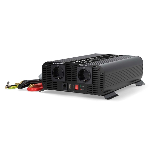 Nedis Power Inverter Pure Sine Wave | Input voltage: 12 V DC | Device power output connection(s): Type F (CEE 7/3) / USB-A / 1x USB-C™ | 230 V AC 50 Hz | 2000 W | Peak power output: 4000 W | Screw Terminal | Pure Sine Wave | Fuse | Black