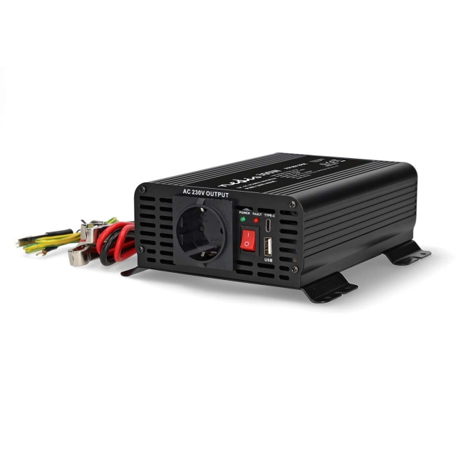 Nedis Power Inverter Pure Sine Wave | Input voltage: 12 V DC | Device power output connection(s): Type F (CEE 7/3) / USB-A / 1x USB-C™ | 230 V AC 50 Hz | 300 W | Peak power output: 600 W | Screw Terminal | Pure Sine Wave | Fuse | Black