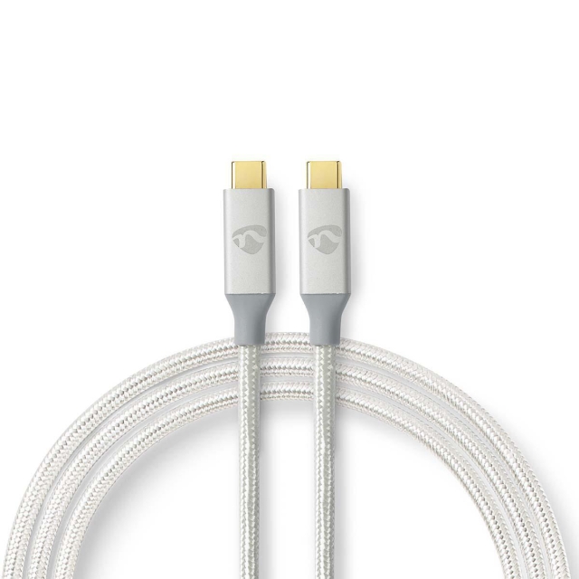 Nedis USB Cable | USB 3.2 Gen 2x2 | USB-C™ Male | USB-C™ Male | 100 W | 4K@60Hz | 20 Gbps | Gold Plated | 2.00 m | Round | Braided / Nylon | Silver | Cover Window Box