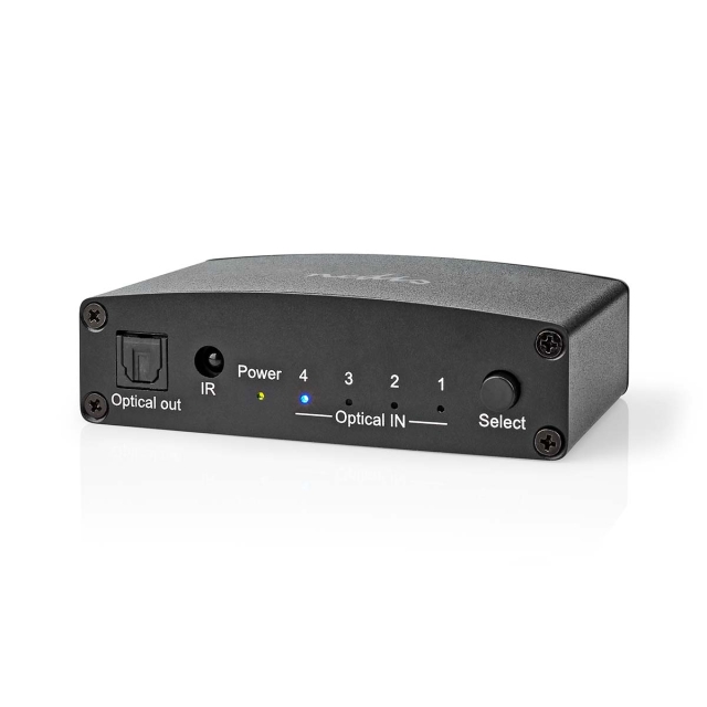 Nedis Digital Audio Switch | 4-way | Audio / video / data connections input: DC Power / 4x TosLink | Audio / video / data connections output: TosLink Female | Manual / Push Button / Remote Control | Metal | Black