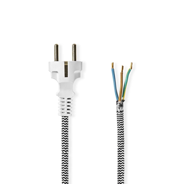 Nedis Power Cable | Plug with earth contact male | Open | Straight | Straight | Nickel Plated | 3.00 m | Round | Cotton | White | Label