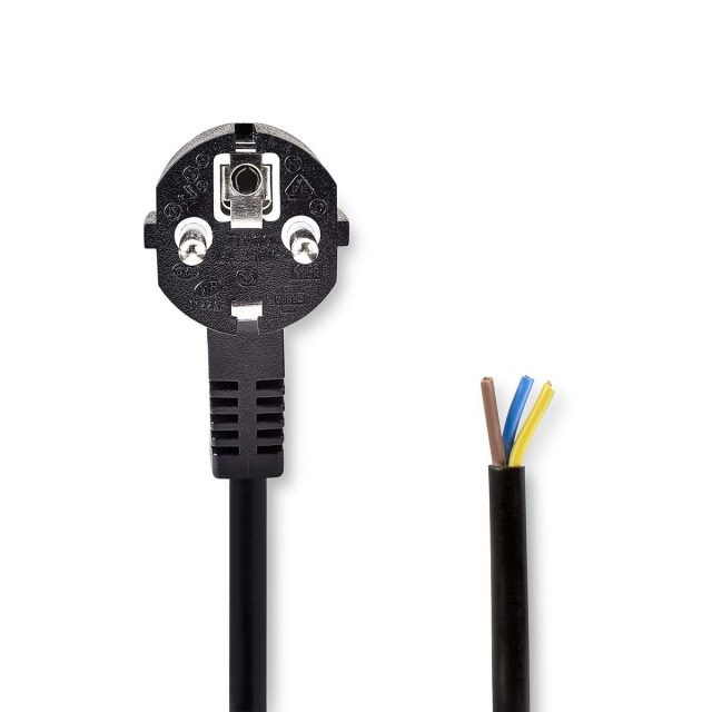 Nedis Power Cable | Plug with earth contact male | Open | Angled | Straight | Nickel Plated | 2.00 m | Round | PVC | Black | Label