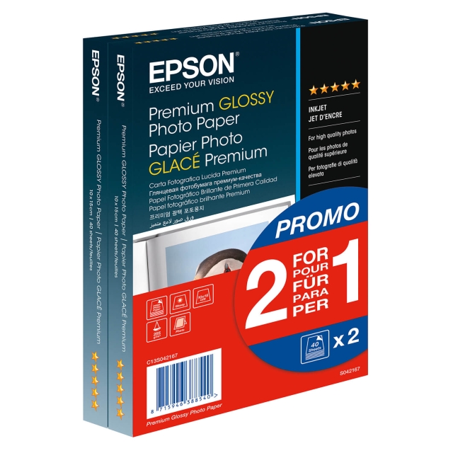 Epson Premium Glossy Photo Paper (2 for 1), 10x15, 255g/m², 80 Sheets Total