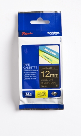 Brother TZe-334 adhesive tape, 12 mm x 8 m, gold on black background