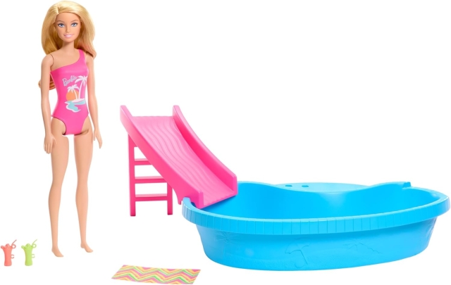 Barbie Doll And Pool Playset, Blonde With Pool, Slide, Towel And Drink Accessories (HRJ74)