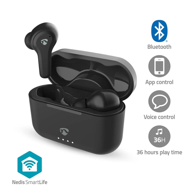 Nedis Fully Wireless Earphones | Bluetooth® | Battery play time: 36 hrs | Touch Control | Charging case | Wireless charging case | Built-in microphone | Voice control support | Black