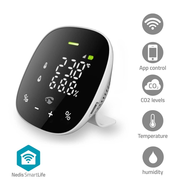 Nedis SmartLife Air Quality Monitor | Wi-Fi | Including display | Carbon Dioxide (CO2) / Humidity / Temperature | Android™ / IOS | Black / White