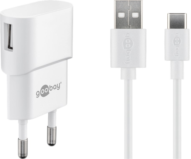 Goobay USB-C™ Dual laddningssats (5 W) Strömförsörjning med USB-C™-kabel 1 m (vit)