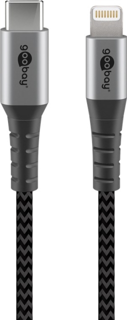 Goobay Lightning-USB-C™ textilkabel med metallkontakter, 2 m MFi-certifierad, elegant och extra robust laddnings- och synkroniseringskabel för Apple iPhone/iPad (svart, grå)