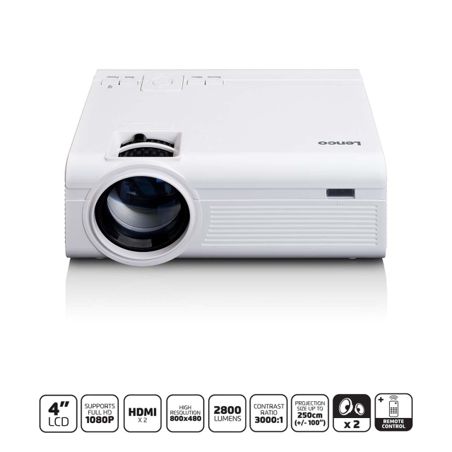 Lenco LCD Projector with high resolution, supports Full HD 1080P content White