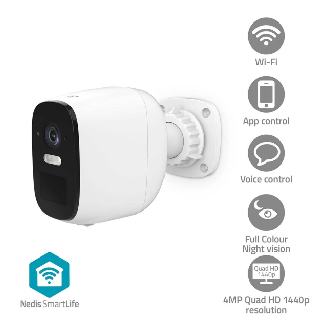 Nedis SmartLife Outdoor Camera | 4MP Quad HD 1440p / 2560x1440 | IP66 | Max. battery life: 10 Months | Cloud Storage (optional) / microSD (not included) | 5 V DC | With motion sensor | Night vision | White
