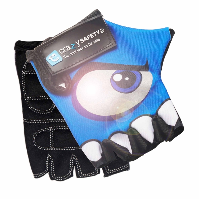 Crazy Safety Kids bike gloves with reflective eyes, padded palms - Blue - Size S